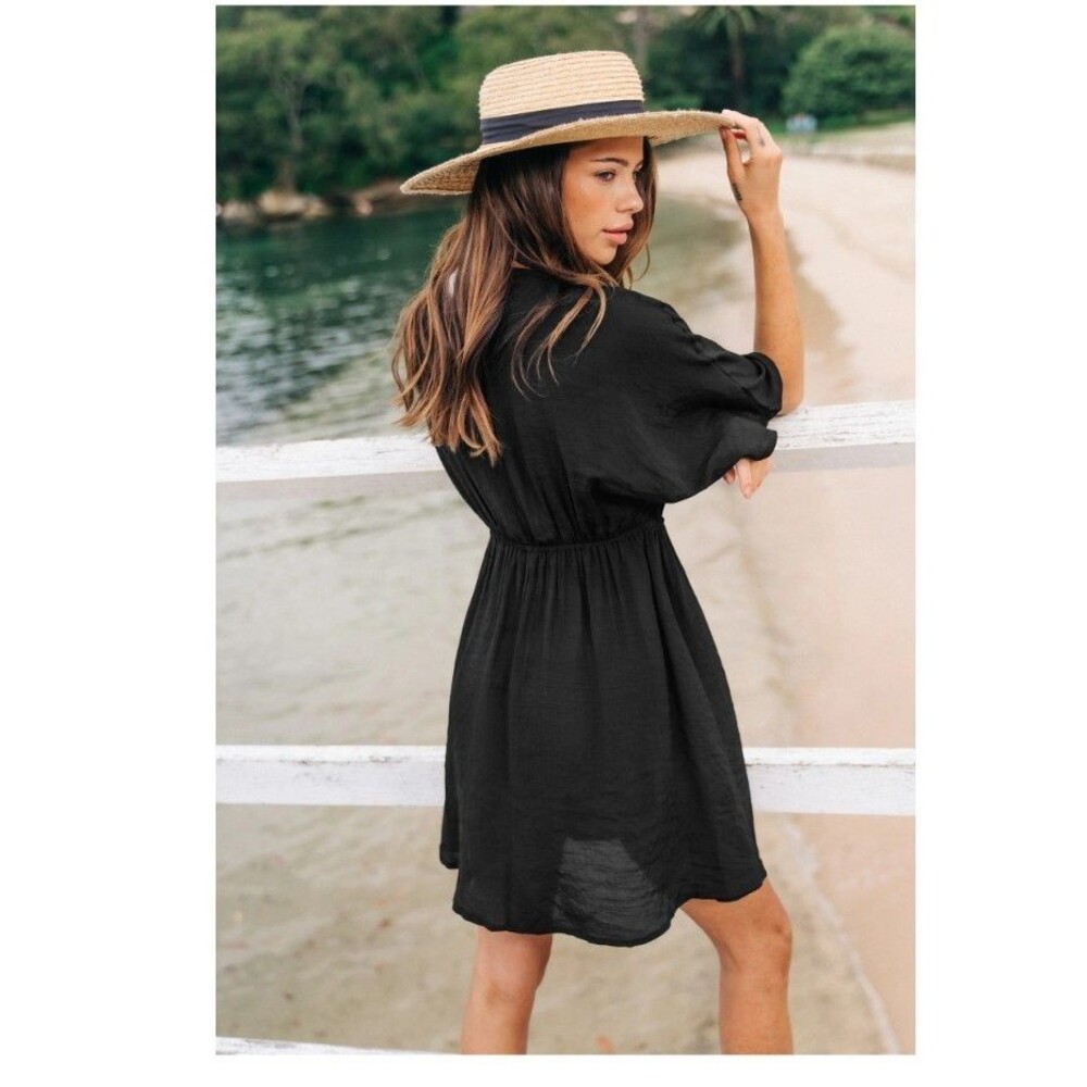 Cupshe V Neck Embroidered Cover Up Dress Black Boho Smocked Waist NWT Size S - Picture 6 of 11